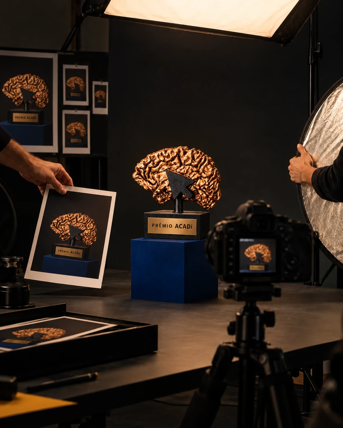 Imagem ilustrativa: produção fotográfica do troféu em formato de cérebro do Prêmio ACADi, reproduzido no objeto e nas fotos do estúdio